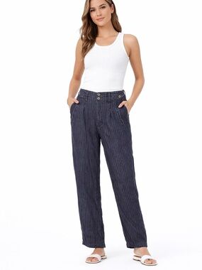 Sundance Size 6 100% LinenNavy Pinstripe Linen Blend Straight Relaxed Pants